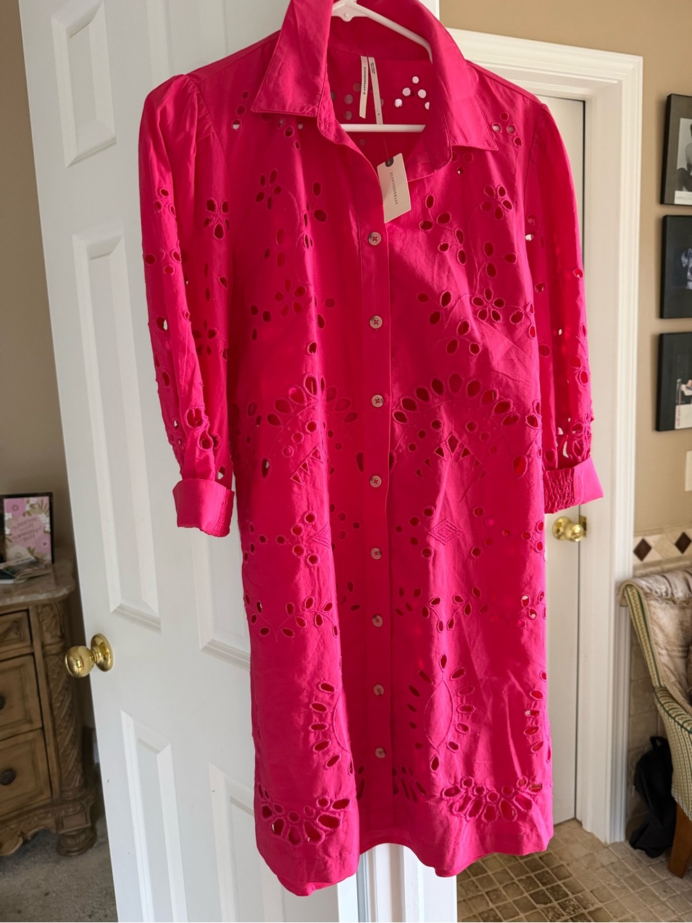 Anthropologie Hot Pink Eyelet Button-Front Shirt Dress.
